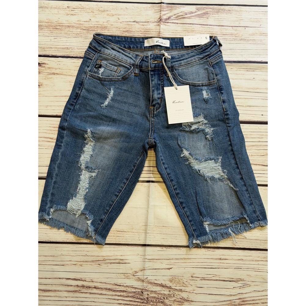 KanCan Distressed Bermuda Denim Shorts Medium Wash Frayed Hem Womens Size S